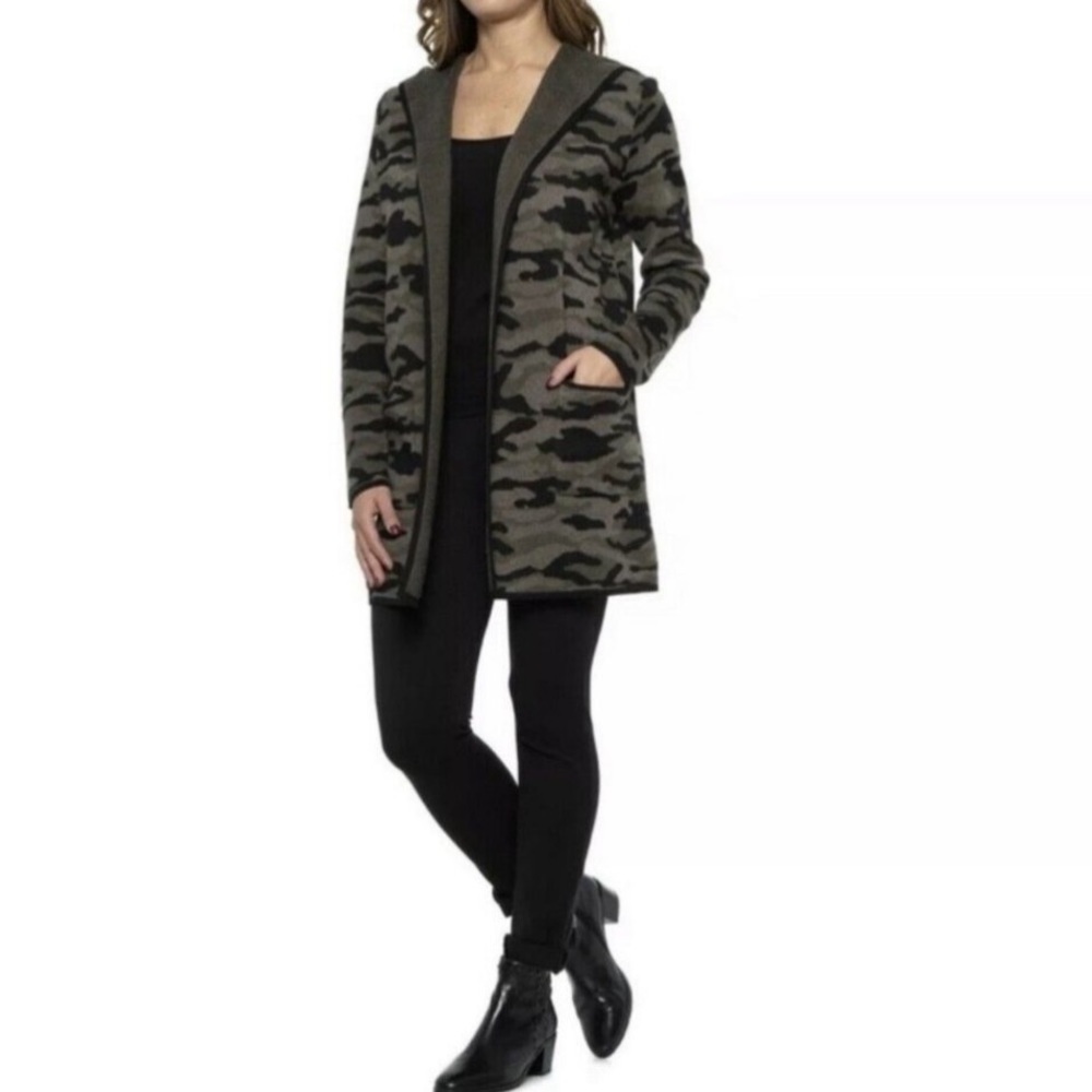 𝅺NEW Rachel Zoe Long Cardigan Sweater Green Black Camo Hooded SMALL - Picture 2 of 11